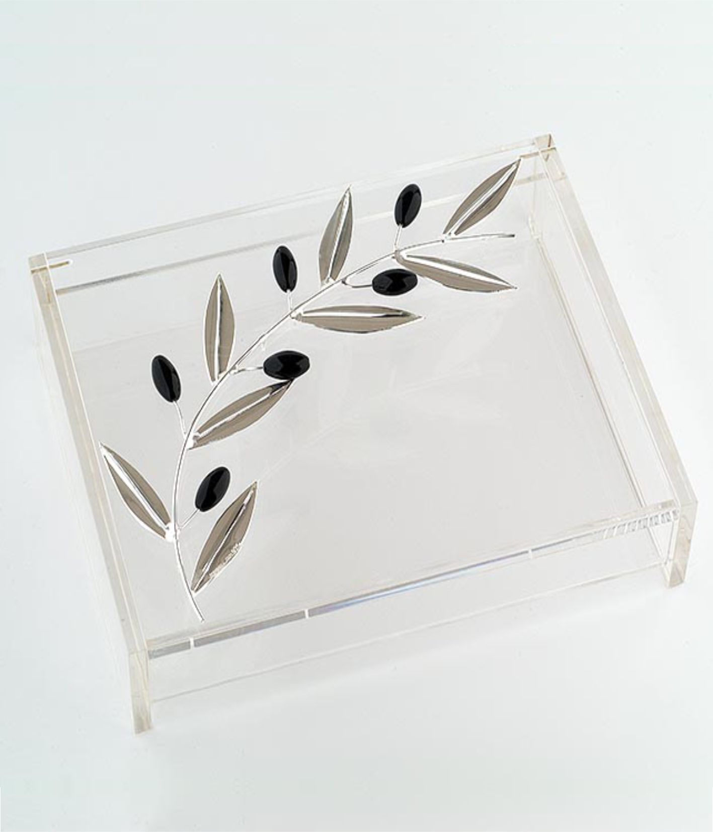 Κλαδί ελιάς ασημένιο σε κασετίνα plexiglass μεγάλη 
